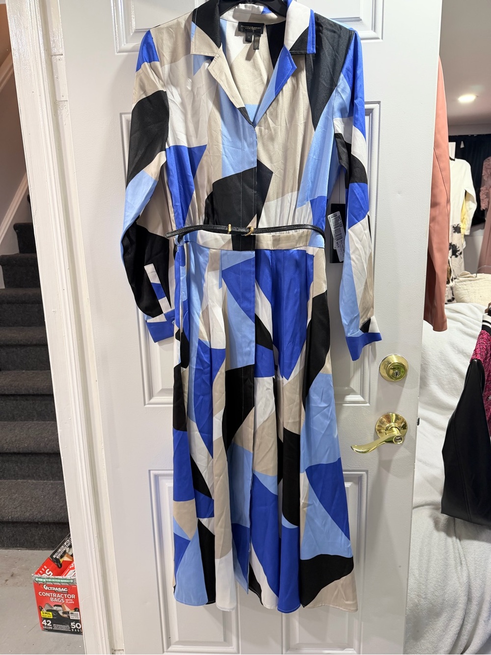 Donna Karan Blue, Black, Cream Geometric Midi Dress